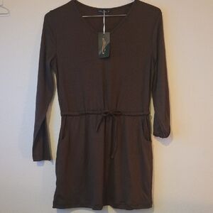 New Adorable, Long Sleeve, V Neck Mini Dress In Dark Brown. Drawstring Waist.
